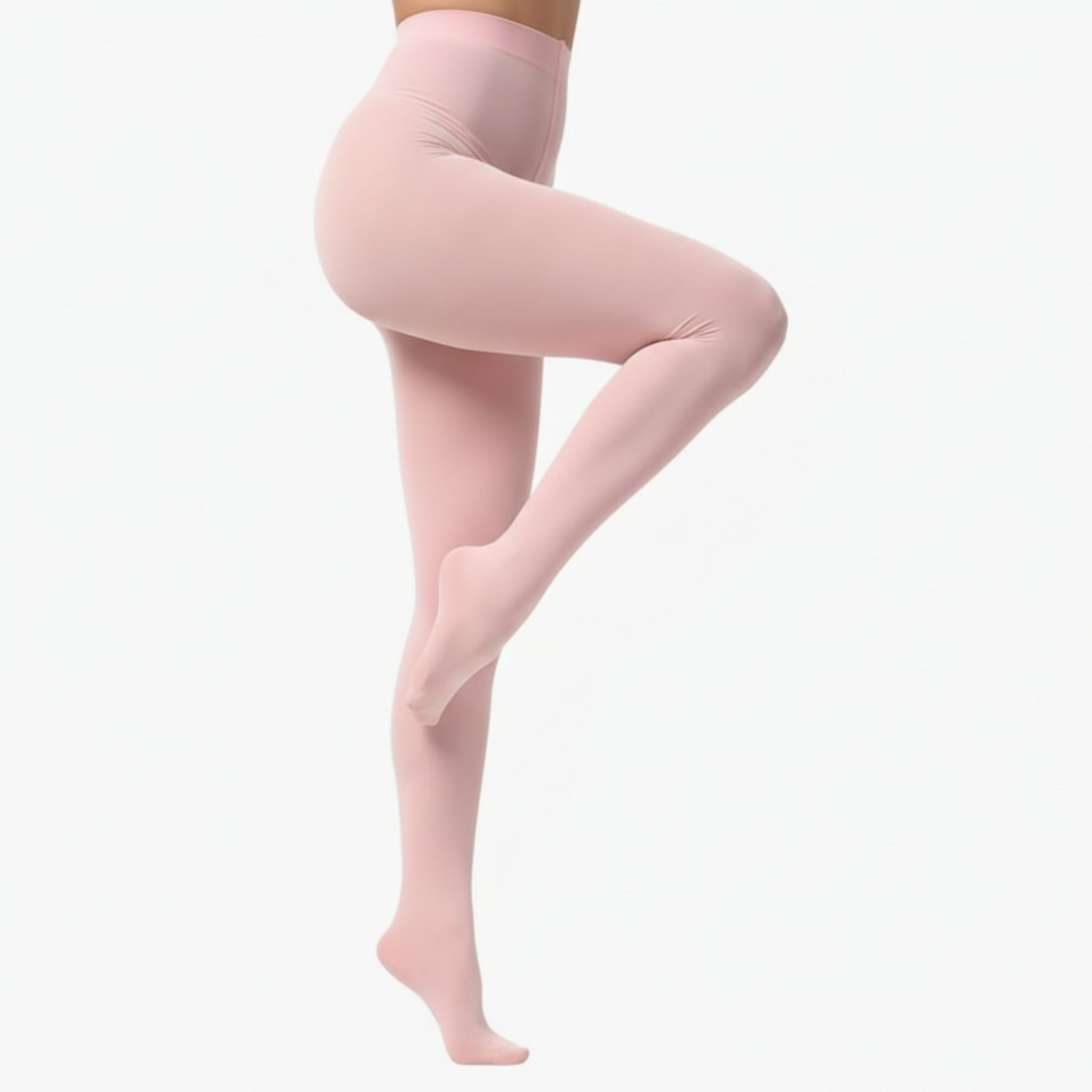 Pink tights worn by a person on a white background