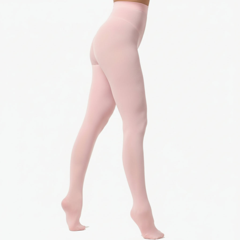 Pink tights worn by a person on a white background