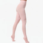 Pink tights worn by a person on a white background