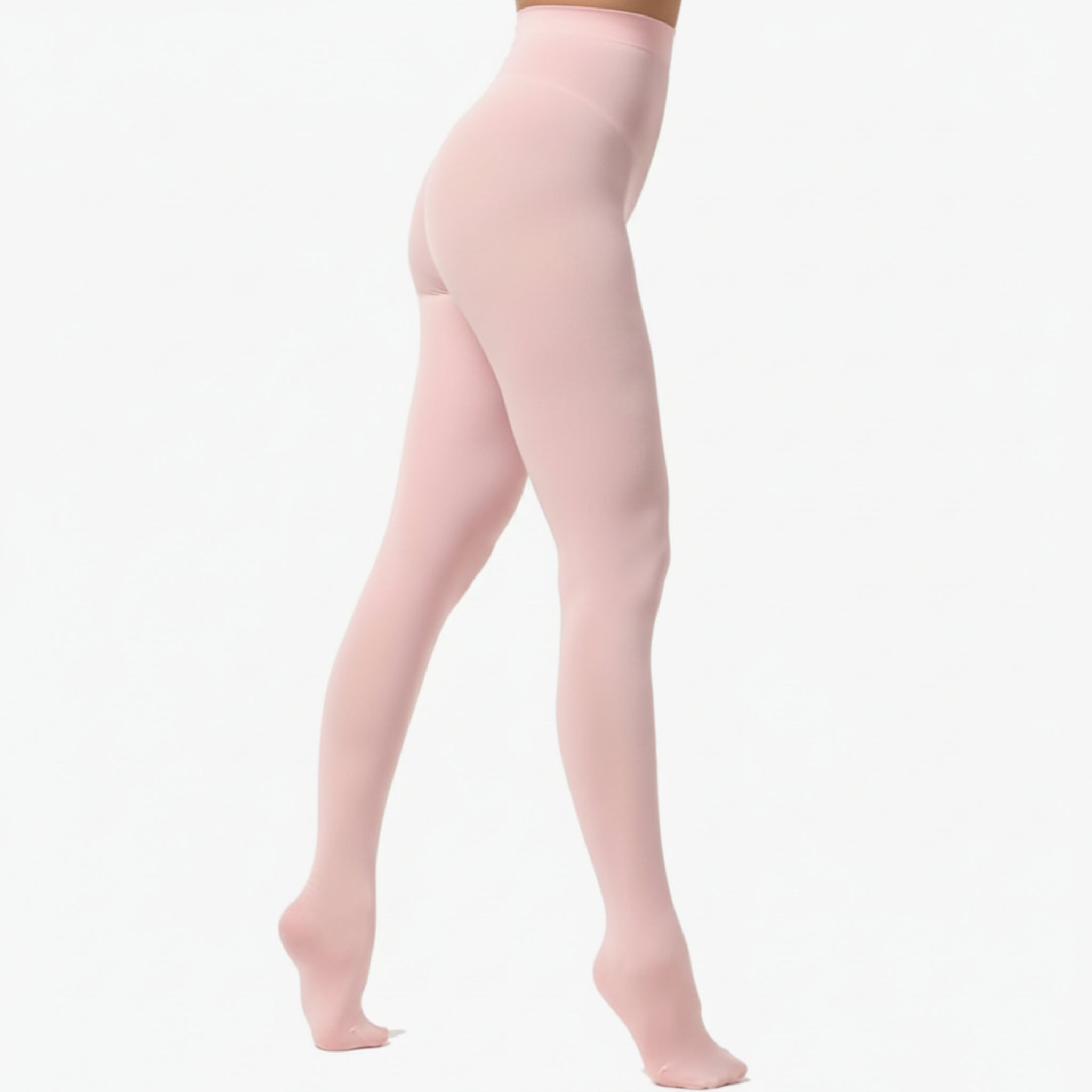 Pink tights worn by a person on a white background