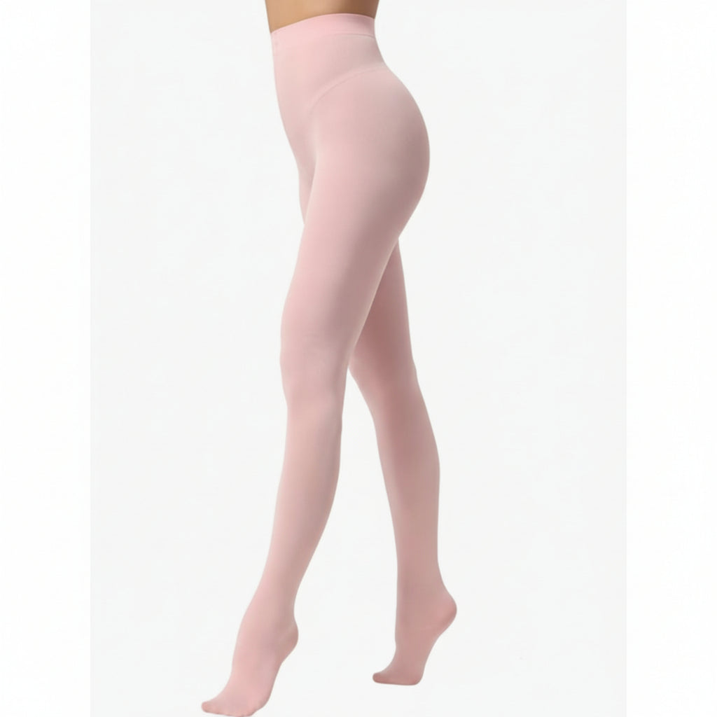 Pink tights worn by a person on a white background