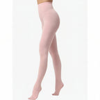 Pink tights worn by a person on a white background