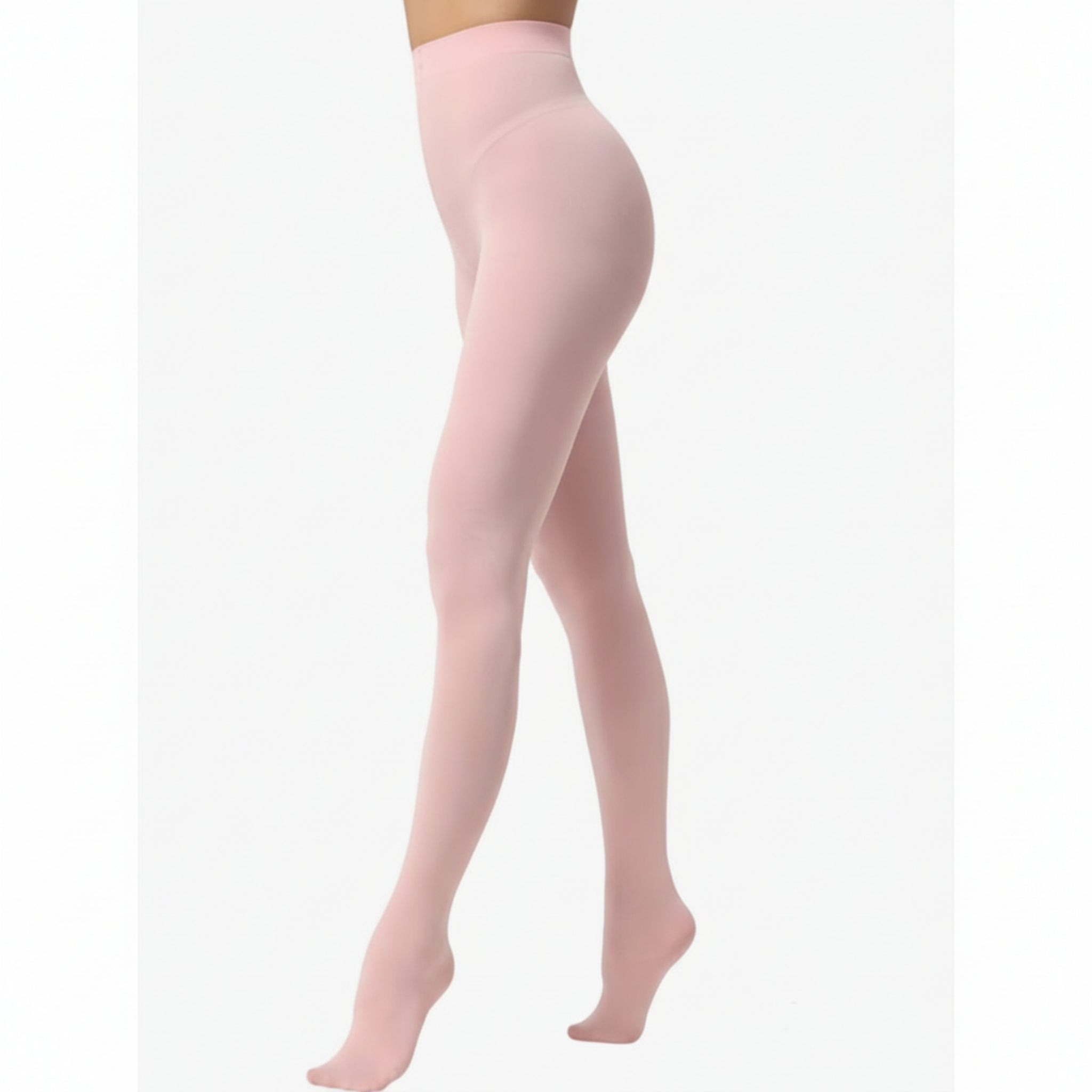 Pink tights worn by a person on a white background