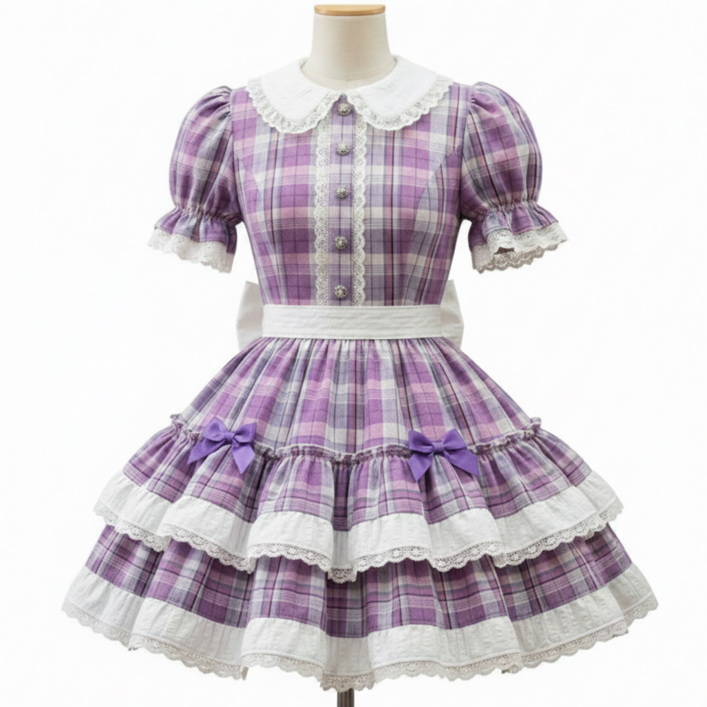 A purple and white plaid Lolita dress displayed on a mannequin. The dress features a white lace Peter Pan collar, short puff sleeves with lace trim, a white waistband, and a tiered skirt with white lace ruffles and purple bows.