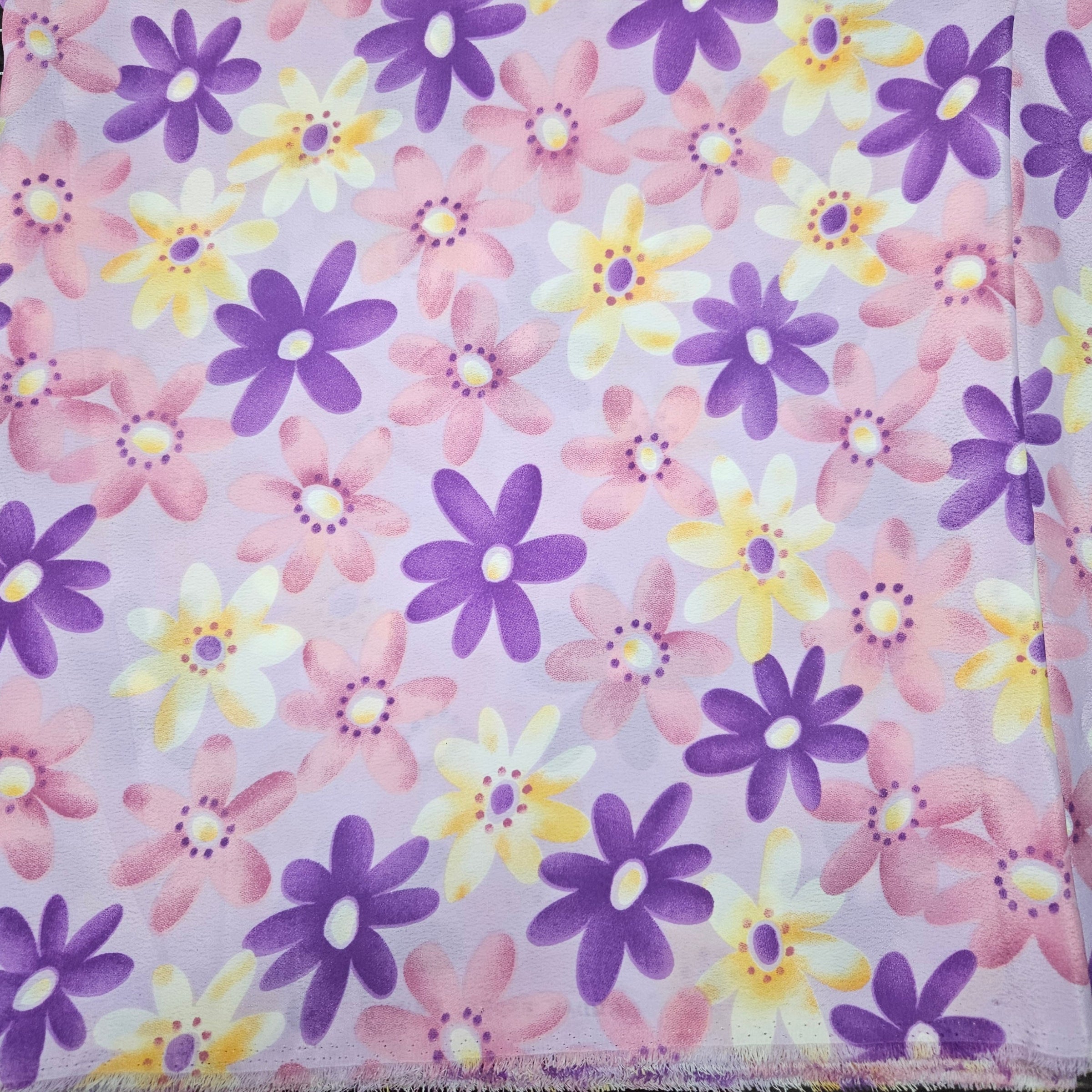 Pattern of purple, yellow, and pink flowers on a light purple background