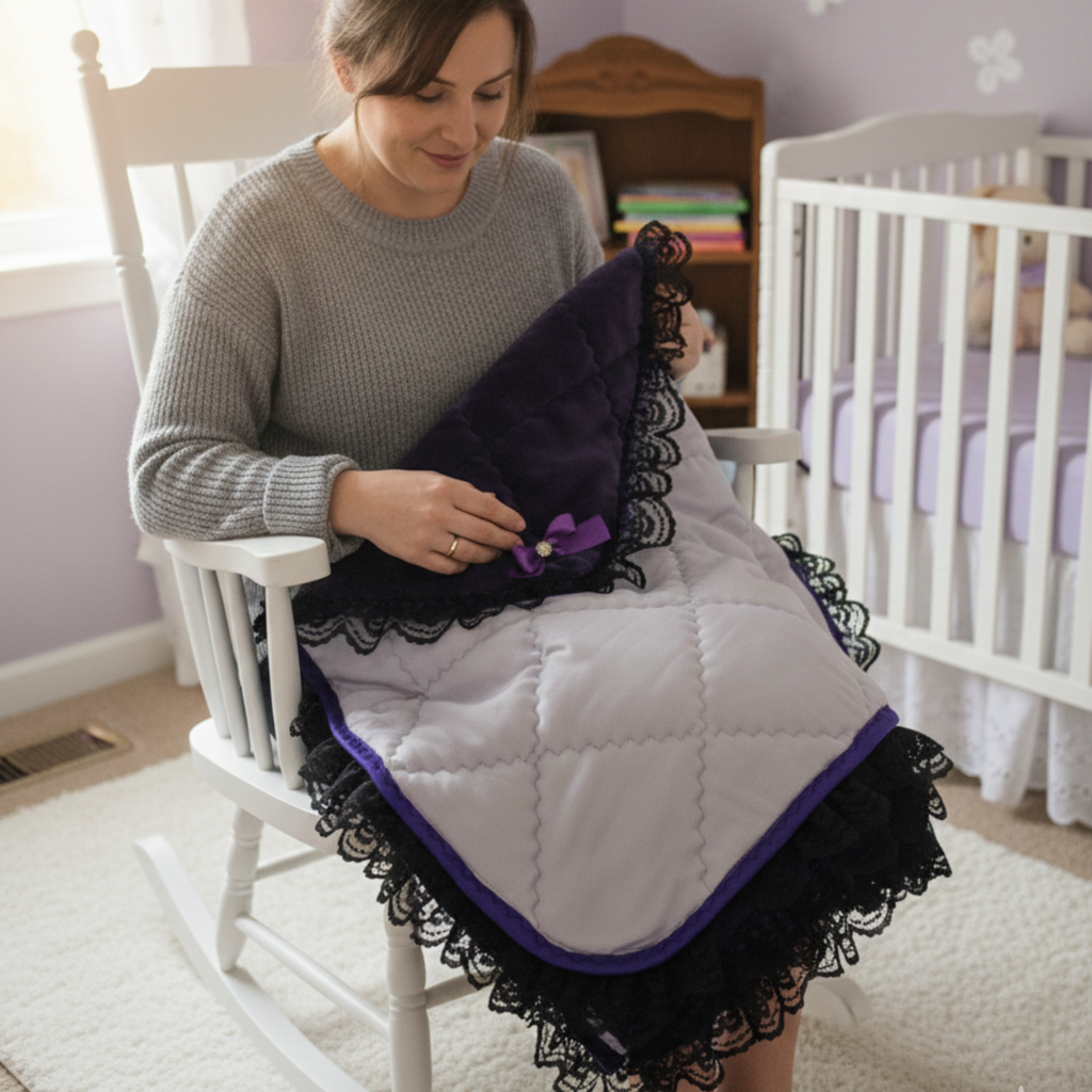 Woman holding a Purple minky snuggle quilt with purple and black trim in a nursery.