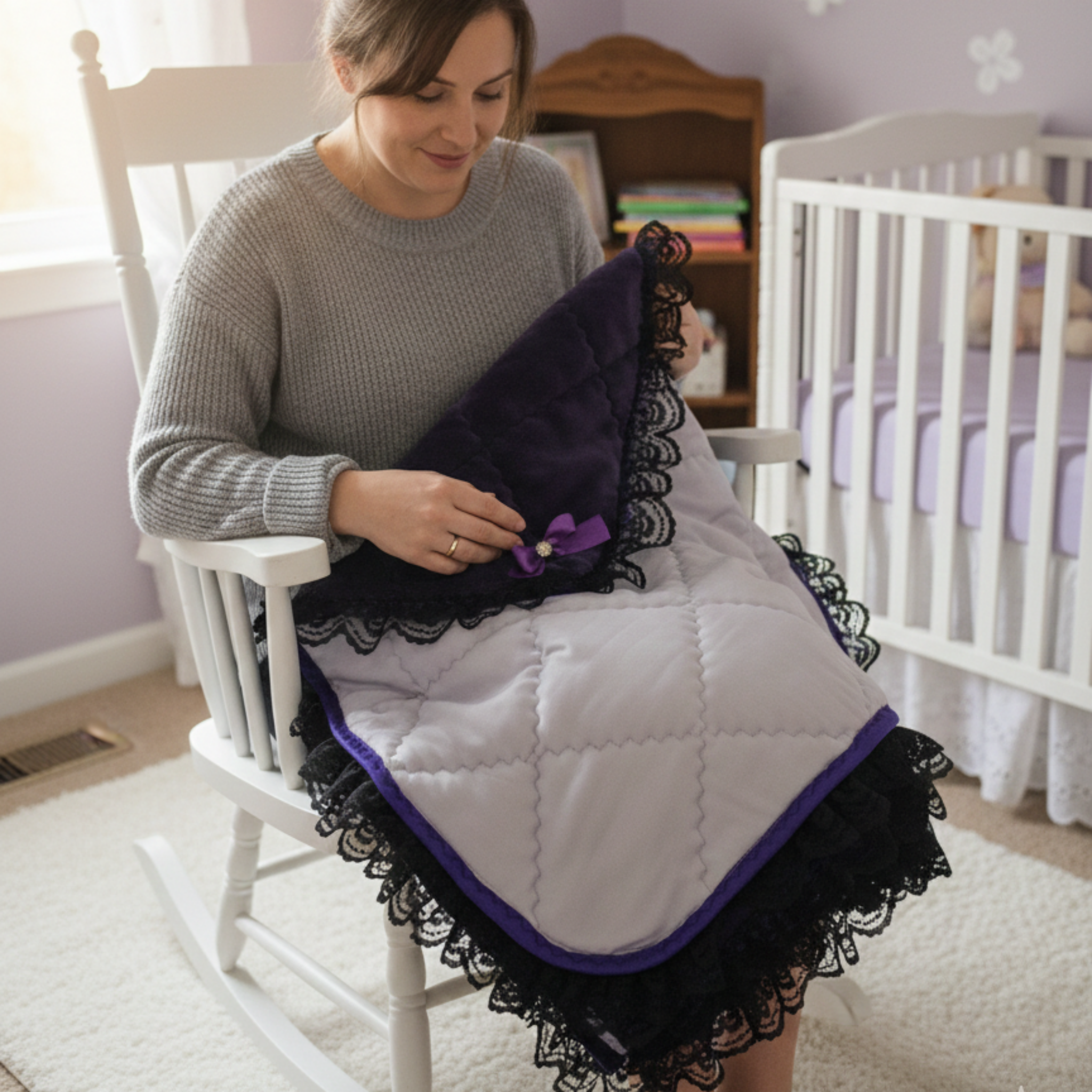 Woman holding a Purple minky snuggle quilt with purple and black trim in a nursery.