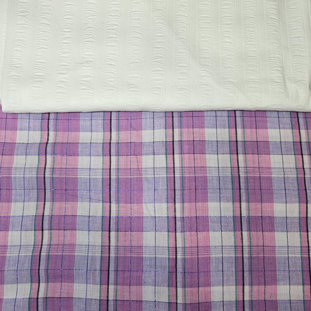 Purple plaid fabric with a white textured material on top