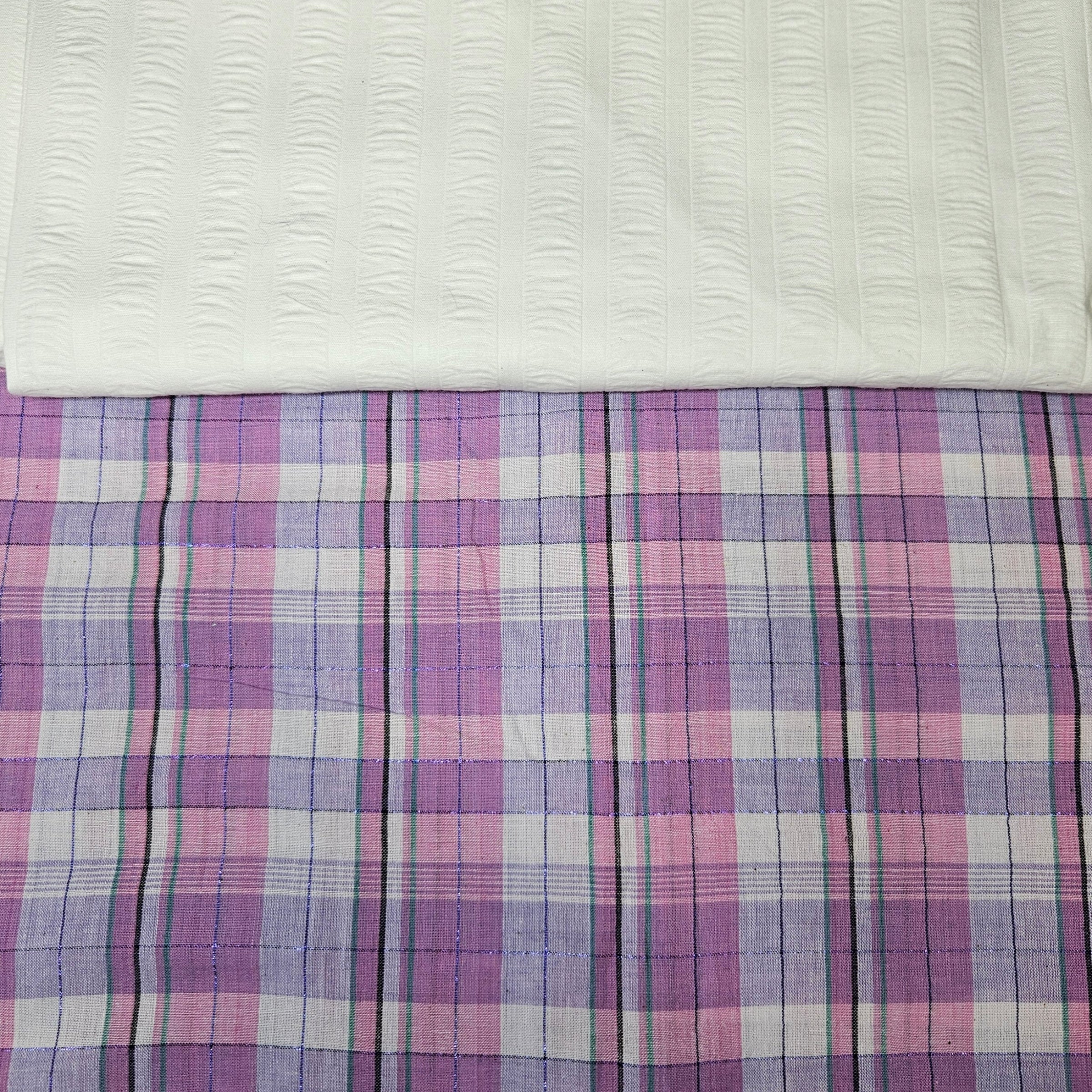 Purple plaid fabric with a white textured material on top
