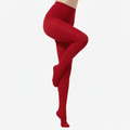 Red tights worn by a person on a white background