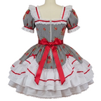 A short-sleeve Lolita-style dress displayed on a mannequin. The dress features a black and white vertically striped bodice with red floral accents, a red waist sash with a large bow, and a layered white ruffled skirt with lace trim.