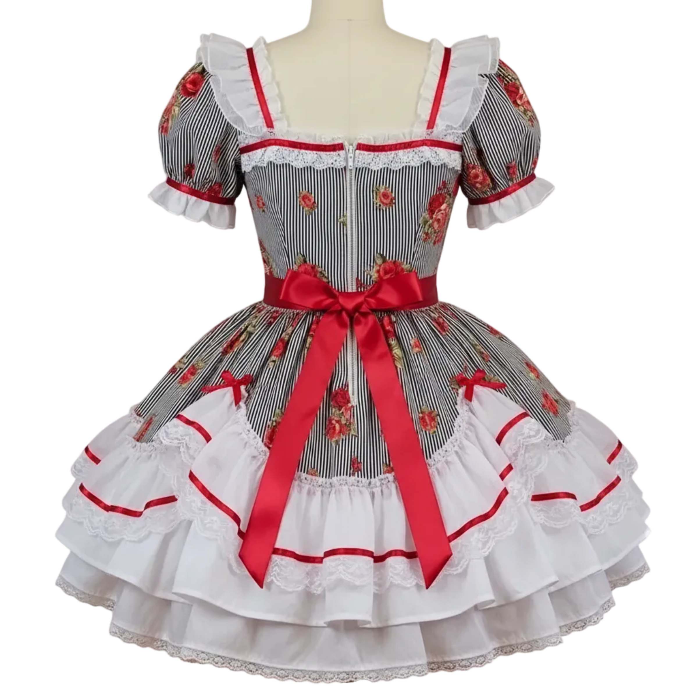A short-sleeve Lolita-style dress displayed on a mannequin. The dress features a black and white vertically striped bodice with red floral accents, a red waist sash with a large bow, and a layered white ruffled skirt with lace trim.