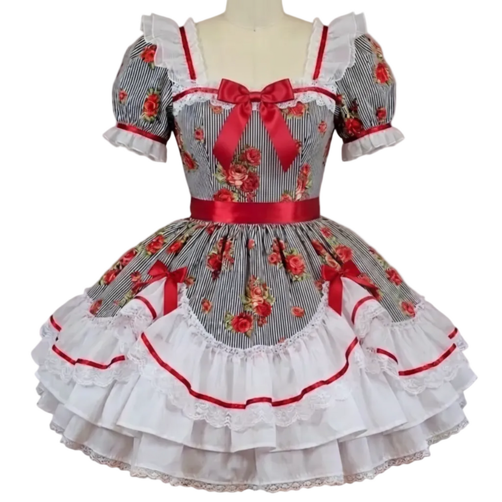 A Lolita-style dress displayed on a mannequin. The dress features a black and white vertically striped bodice with red floral prints, red trim, a large red bow at the neckline, a red waist sash, and a layered white ruffled skirt with lace trim.