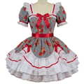 A Lolita-style dress displayed on a mannequin. The dress features a black and white vertically striped bodice with red floral prints, red trim, a large red bow at the neckline, a red waist sash, and a layered white ruffled skirt with lace trim.