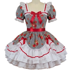 A Lolita-style dress displayed on a mannequin. The dress features a black and white vertically striped bodice with red floral prints, red trim, a large red bow at the neckline, a red waist sash, and a layered white ruffled skirt with lace trim.