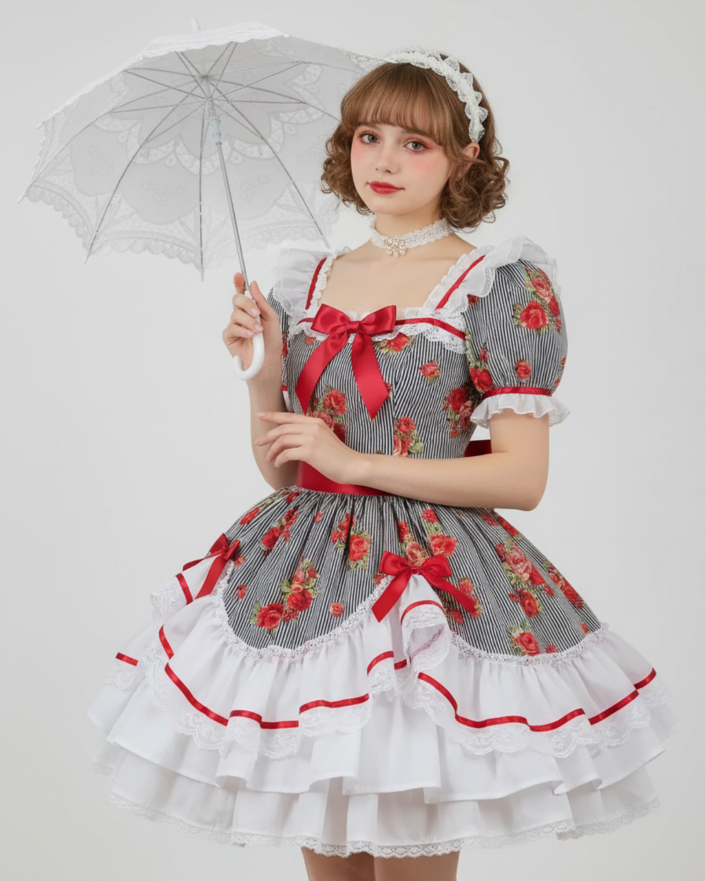 A young woman models a black and white  stripe with red floral print Lolita dress with white ruffles and a red bow, holding a white lace parasol against a plain light grey background.