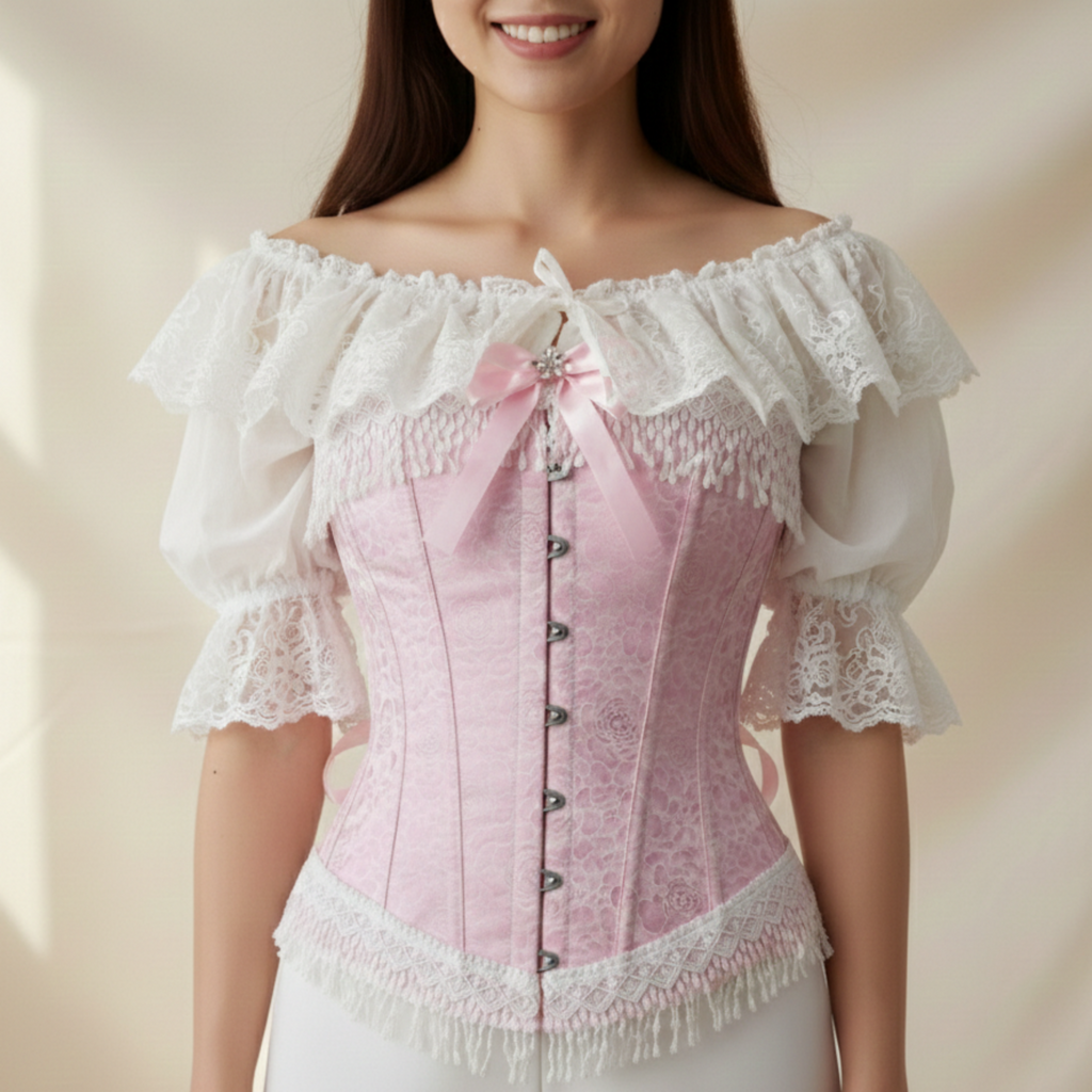 Woman wearing a pink corset with white ruffled sleeves against a beige background