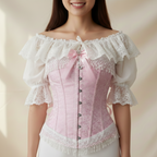 Woman wearing a pink corset with white ruffled sleeves against a beige background