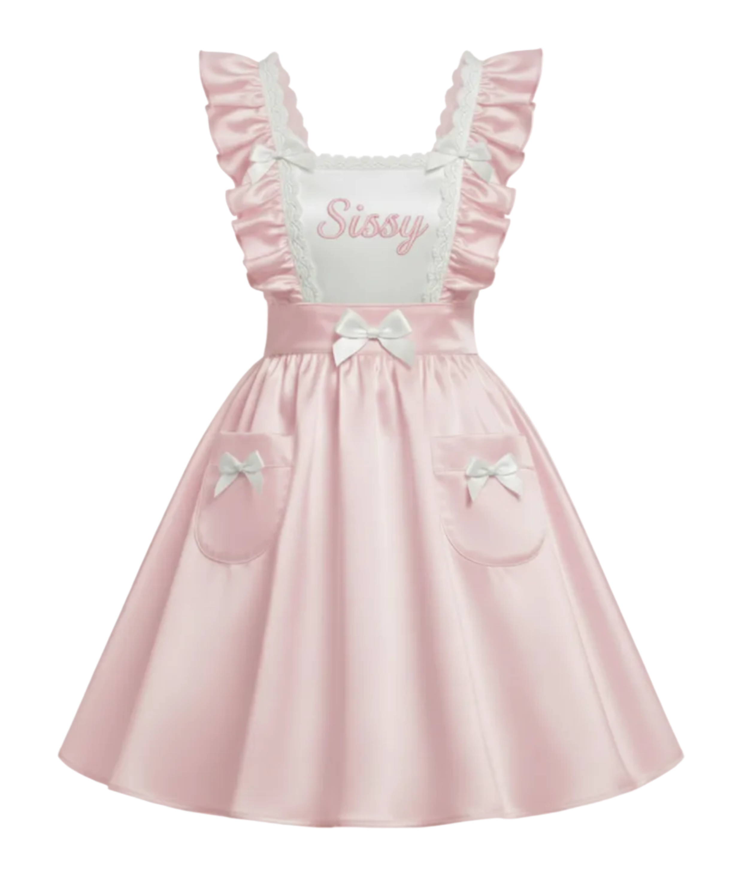 Pink dress with ruffled sleeves and 'Sissy' embroidery on a white background