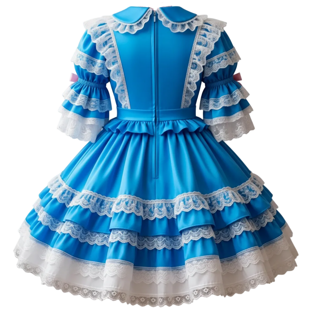 Sarah Custom Fit Blue Satin Lace Ruffles Teddy Bear Adult Sissy Lolita Dress by Ben’s