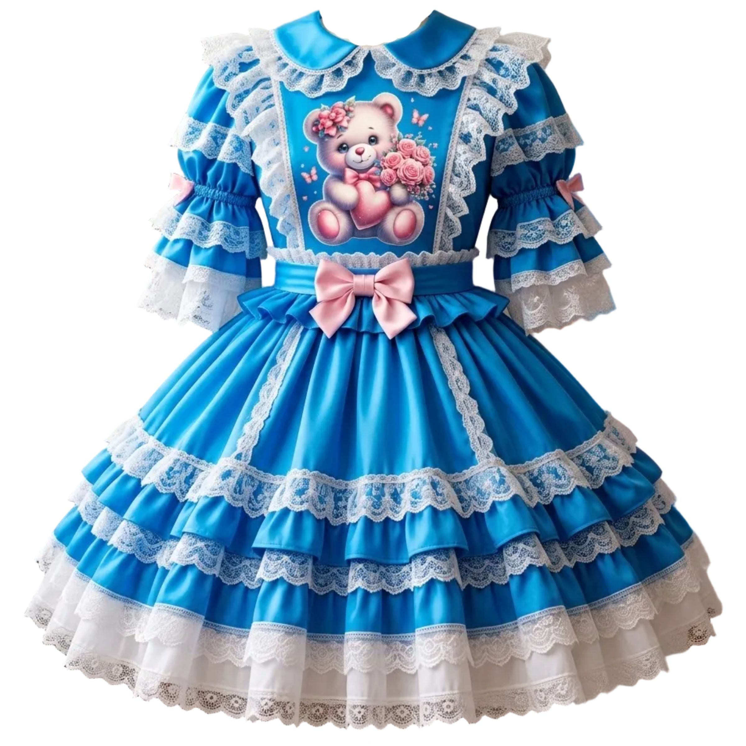 A blue and white Lolita-style dress displayed on a mannequin, featuring a teddy bear graphic on the chest, layered ruffles, lace trim, and a pink bow at the waist.