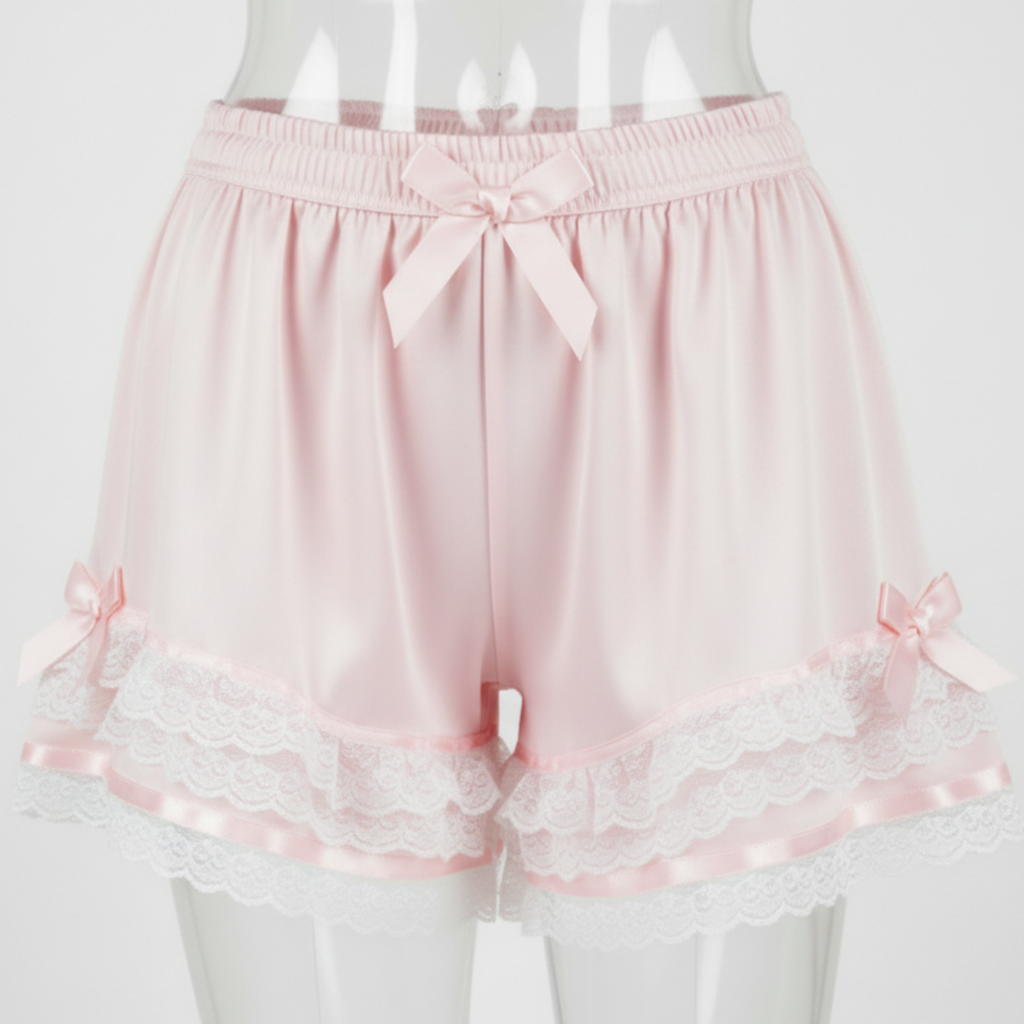 Pink shorts with lace trim and ribbons on a white background