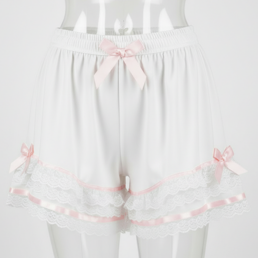 White Satin Sleep Shorts with pink ribbons on a white background
