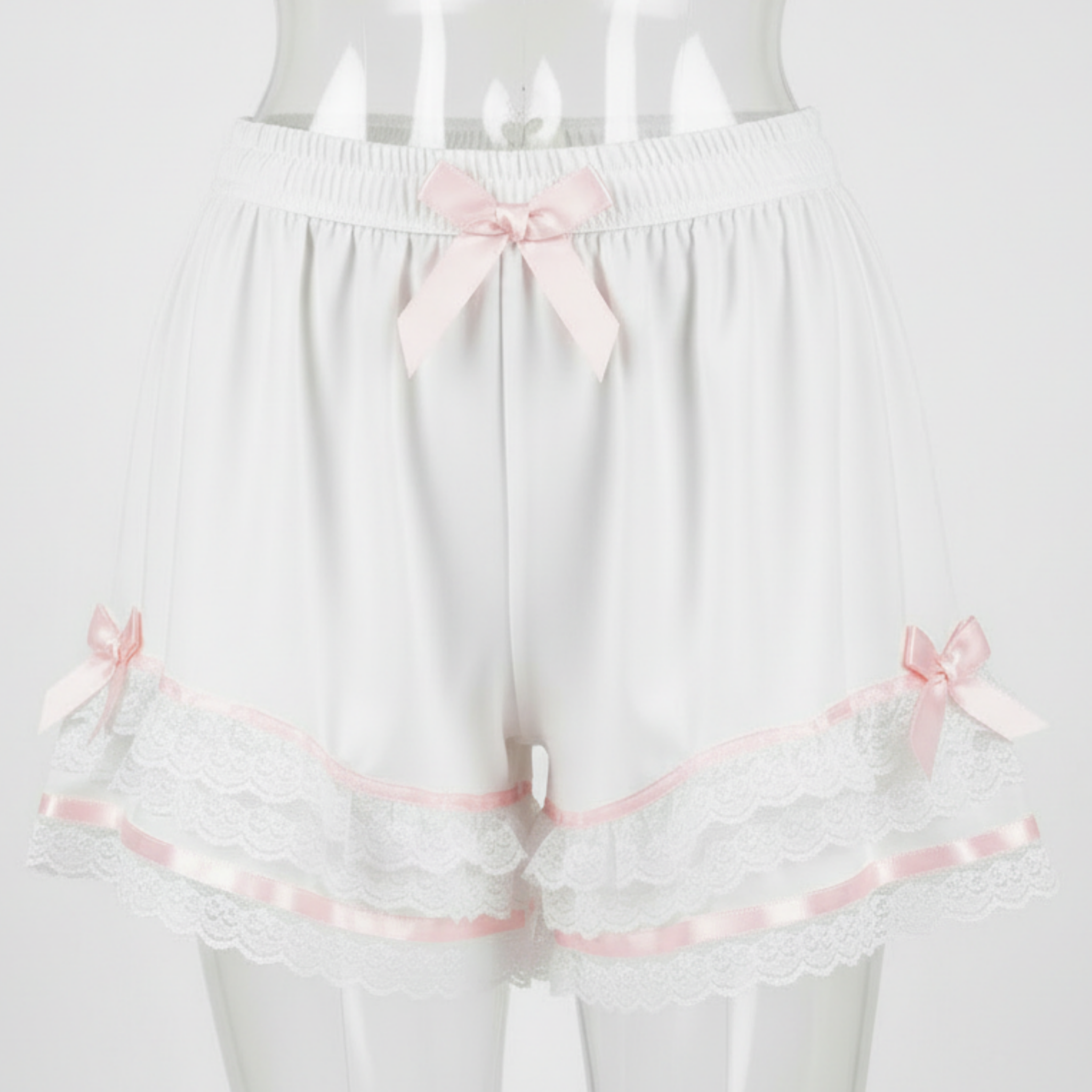 White Satin Sleep Shorts with pink ribbons on a white background
