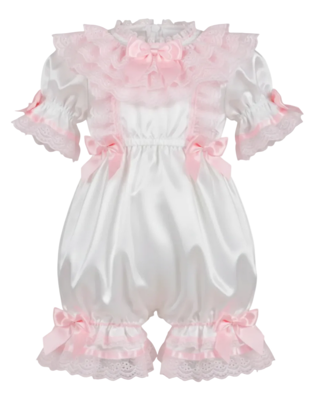 White baby romper with pink ruffles and bows on a mannequin against a white background