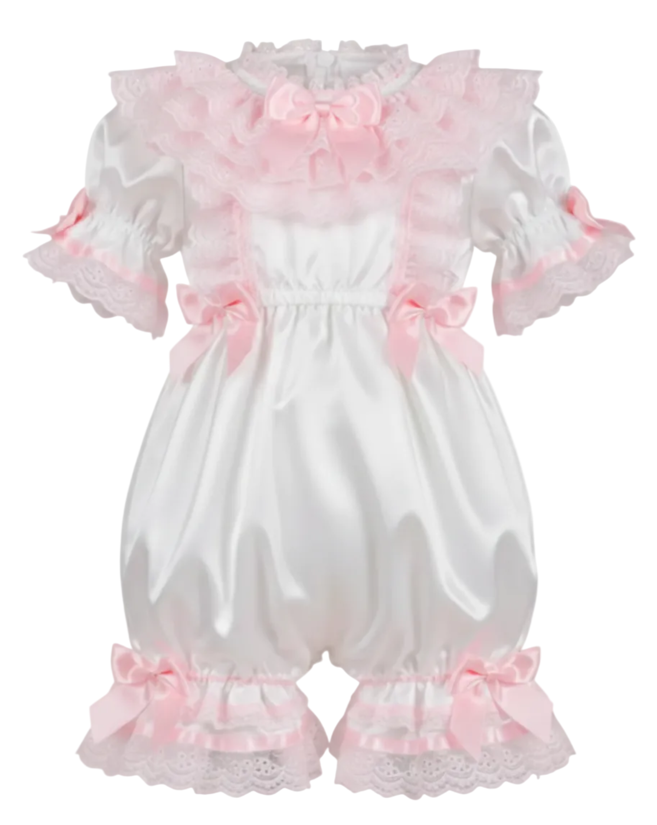White baby romper with pink ruffles and bows on a mannequin against a white background