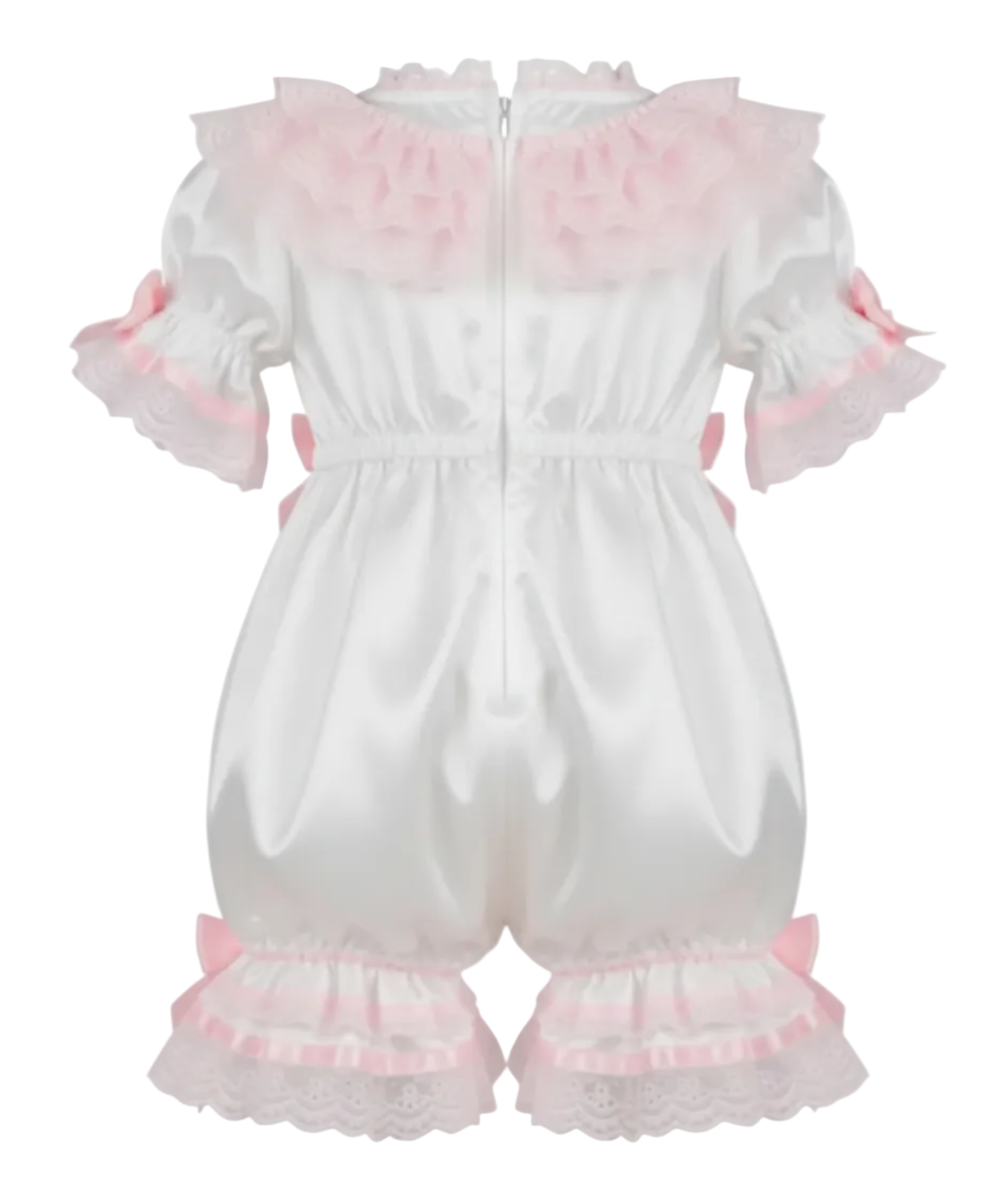 White baby outfit with pink ruffles on on a white background