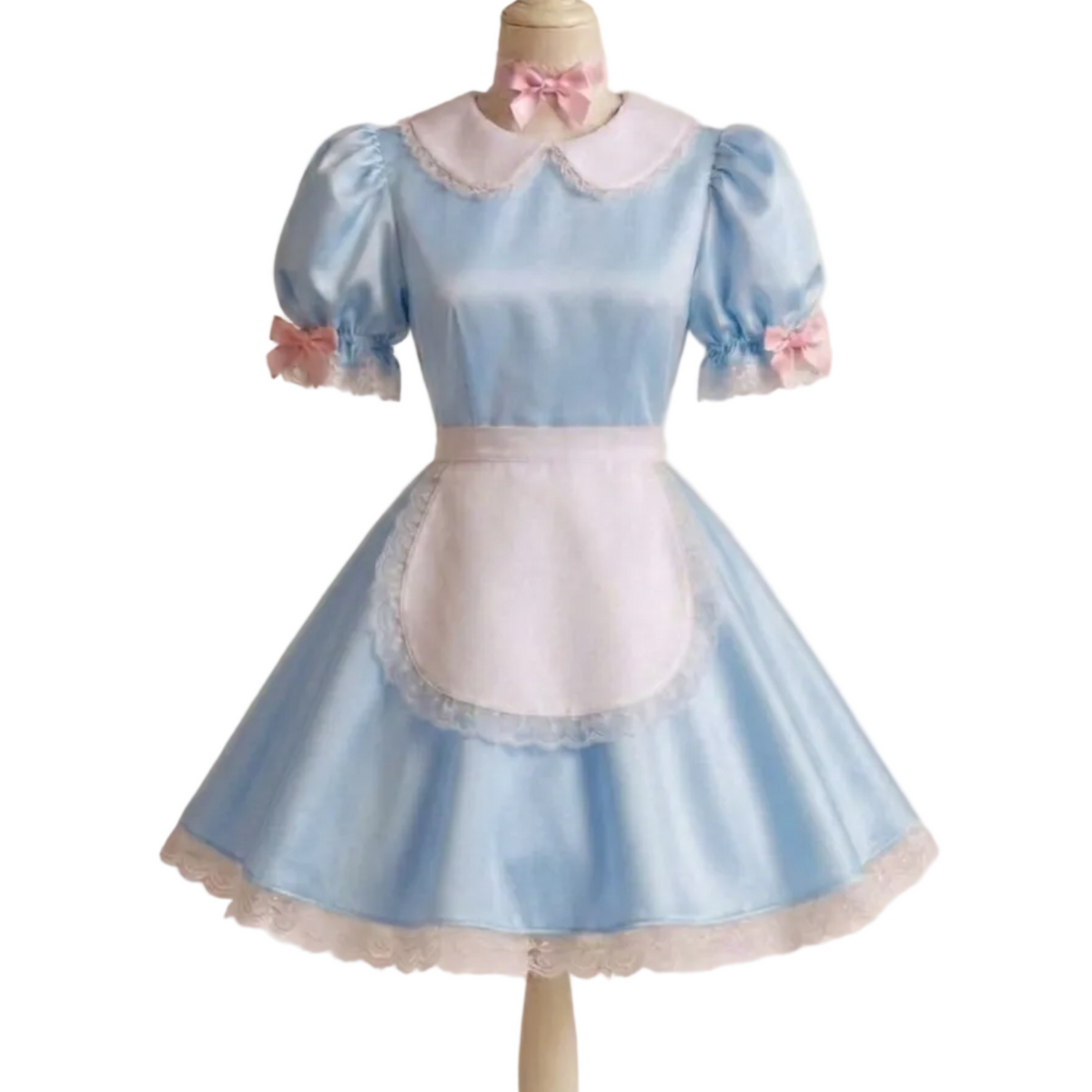 A light blue and white maid-style dress displayed on a cream-colored dress form mannequin. The dress features short puff sleeves, a white collar with lace trim, a pink bow at the neck, a white apron panel with lace trim, and pink ribbon accents on the sleeves.