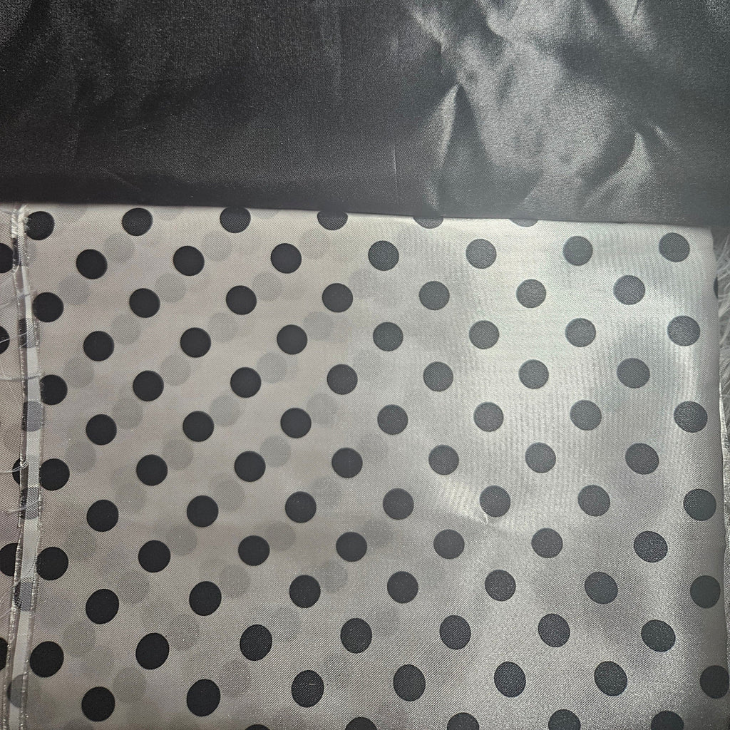 Fabric with black polka dots on a white background