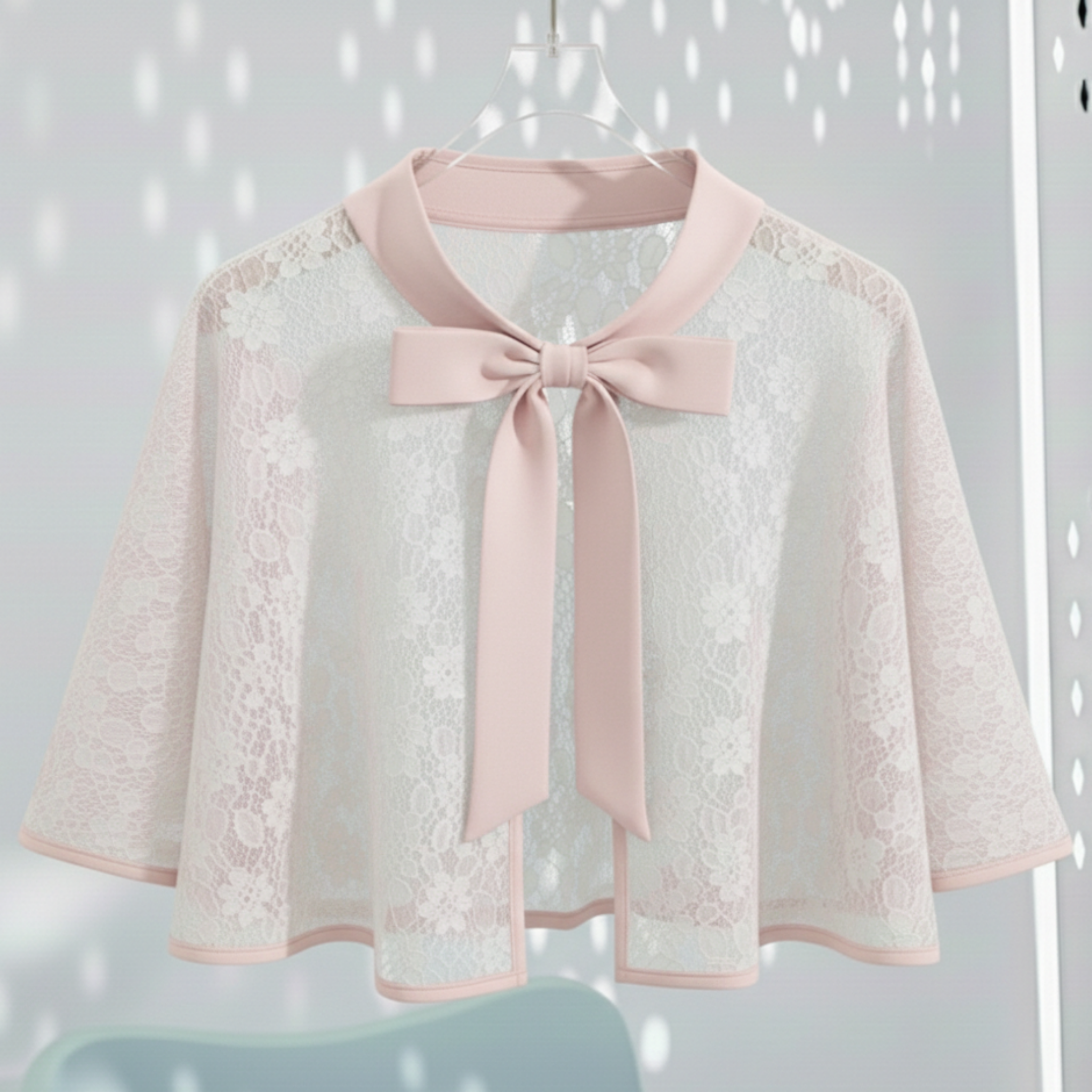 Lace cape with a pink bow tie on a light gray background