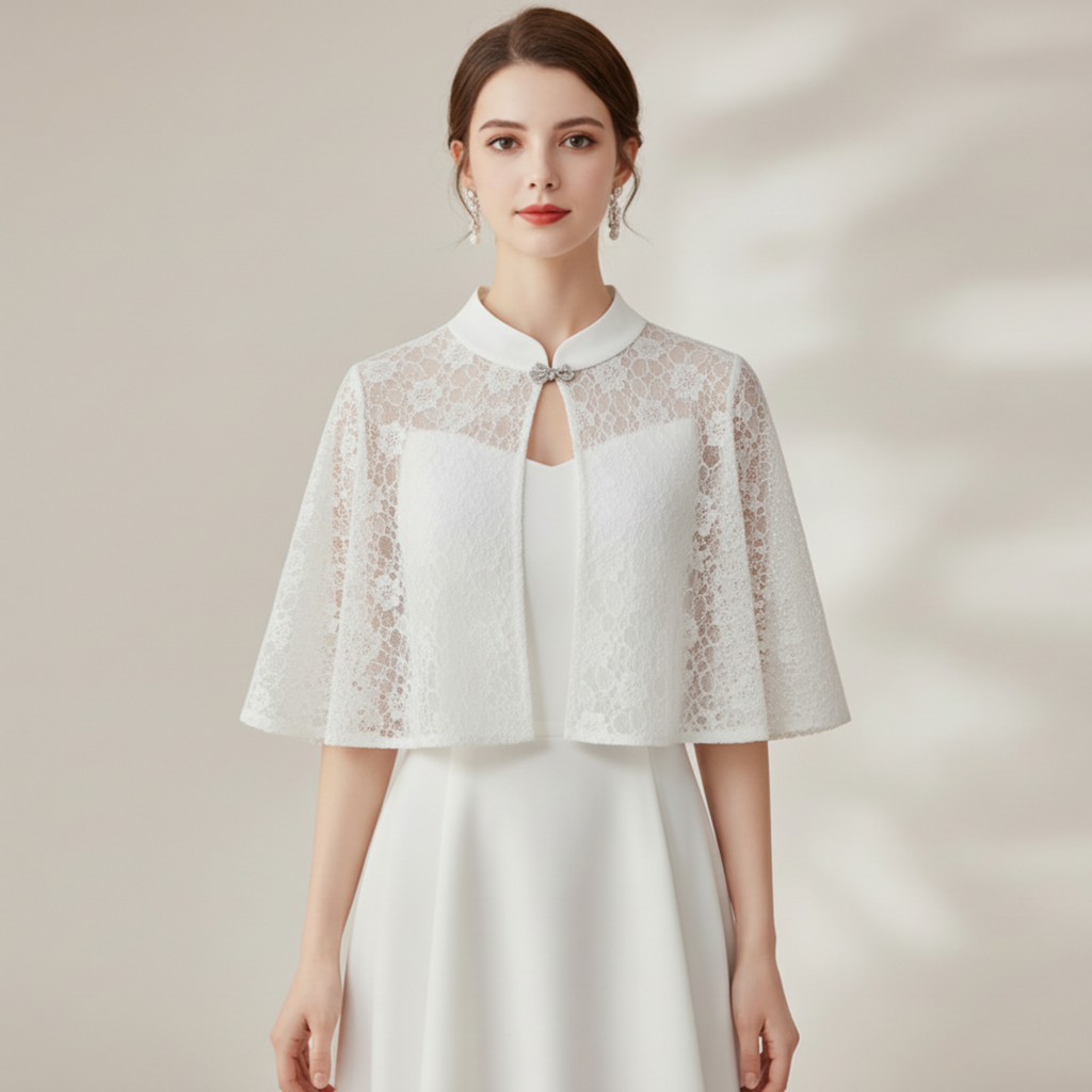 Woman wearing a white lace cape over a plain background