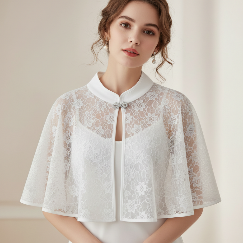 Woman wearing a white lace cape against a plain background