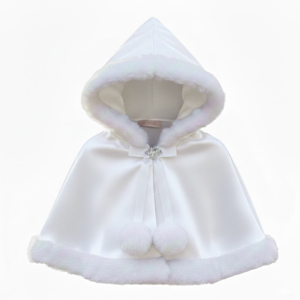 White hooded cloak with fur trim on a white background