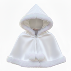 White hooded cloak with fur trim on a white background