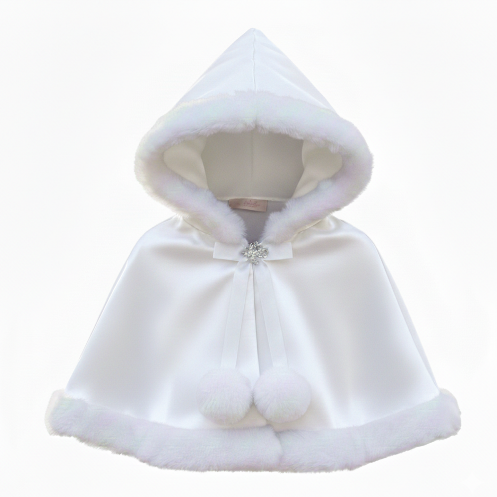 White hooded cloak with fur trim on a white background