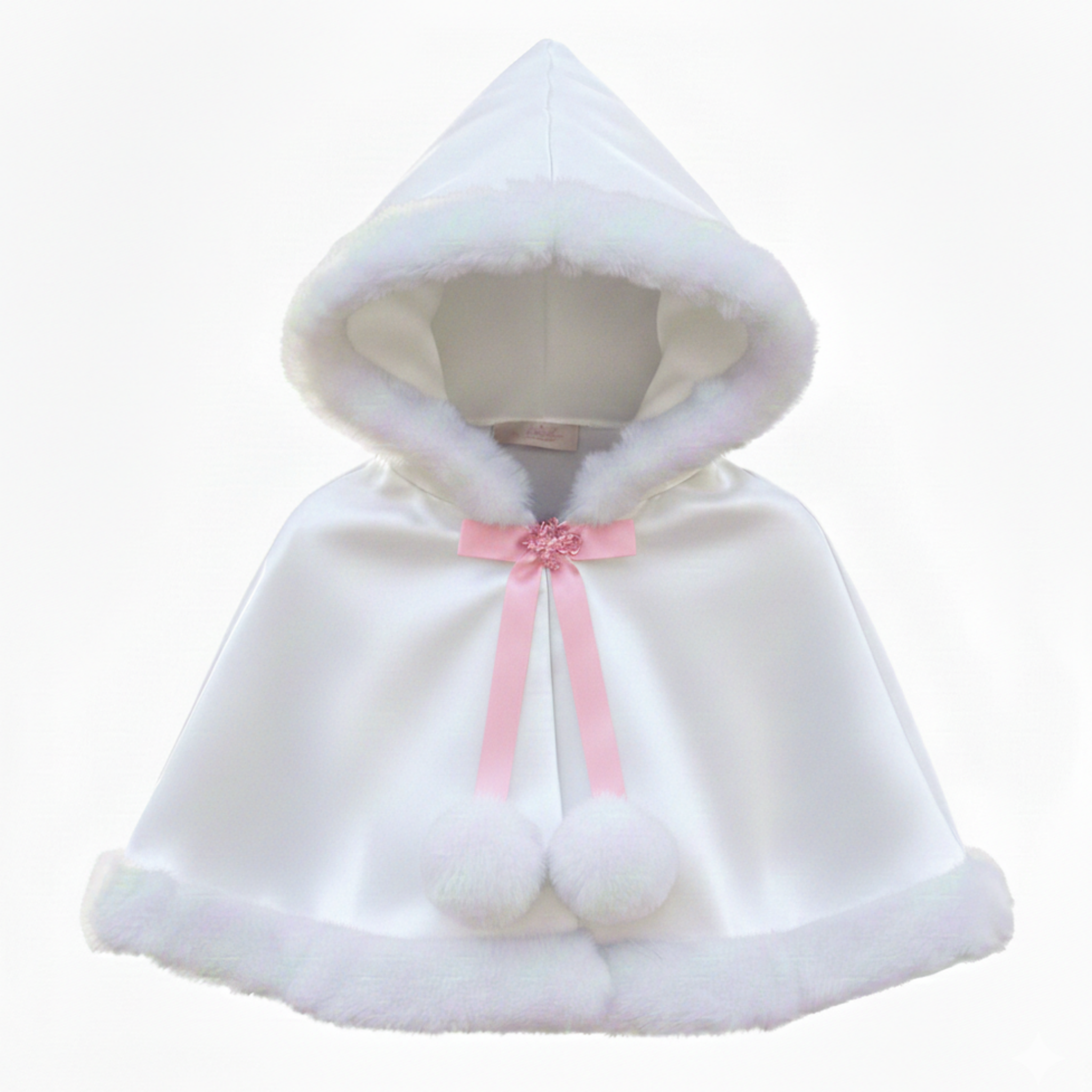 White hooded cloak with pink ribbon on a white background