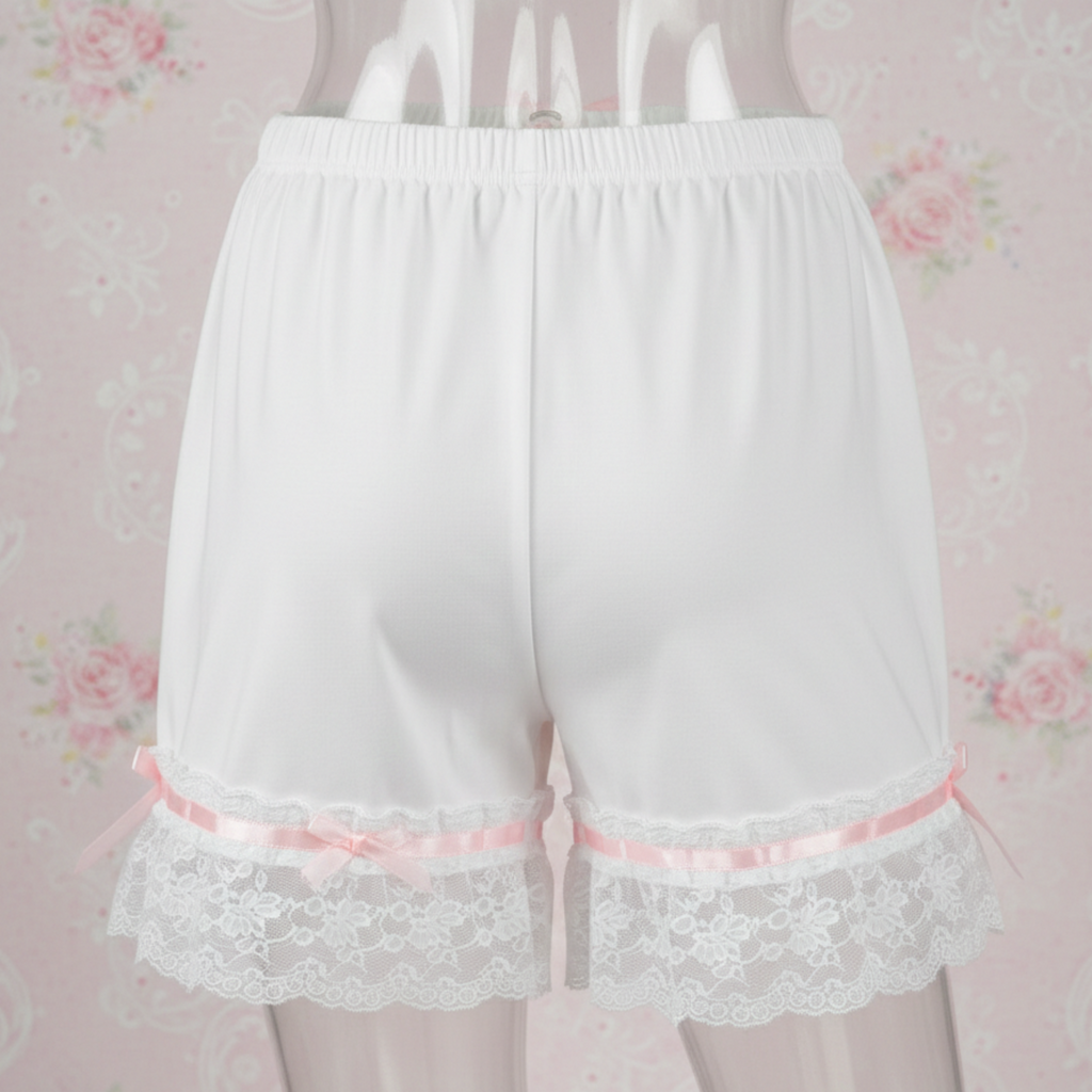 White lace Satin Sleep shorts on a floral patterned background
