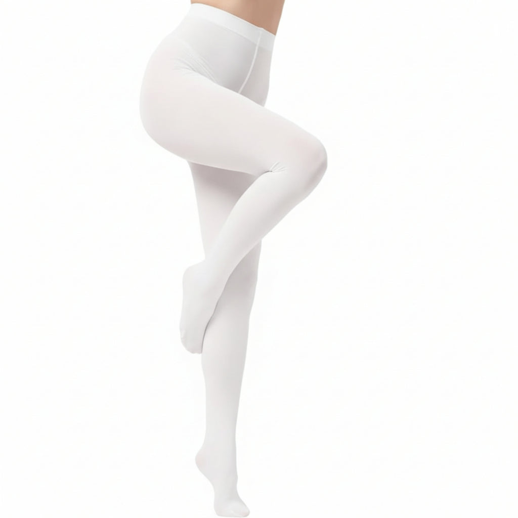 White tights worn by a person on a white background