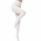 White tights worn by a person on a white background