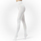 White tights worn by a person on a white background