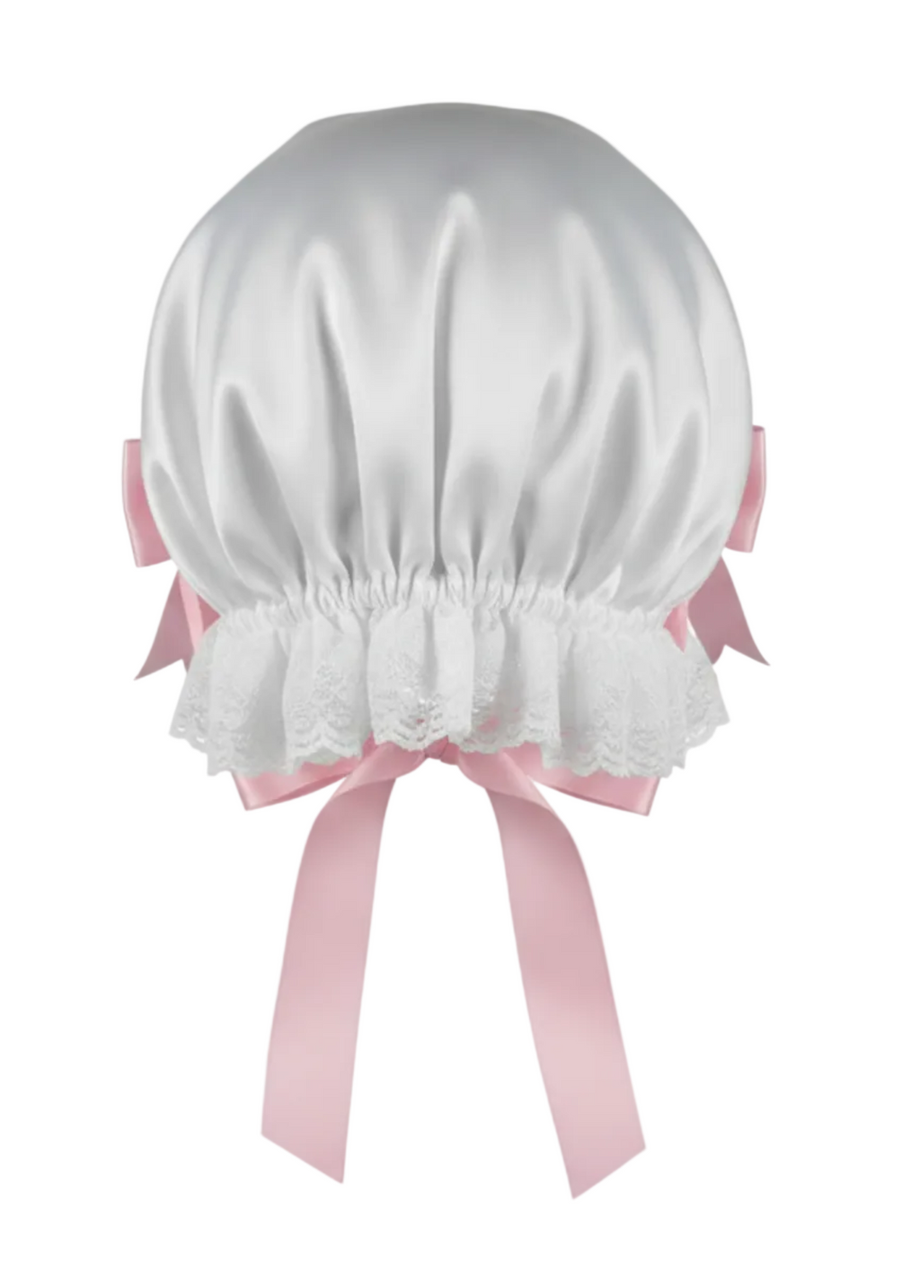 White bonnet with pink ribbons on a white background