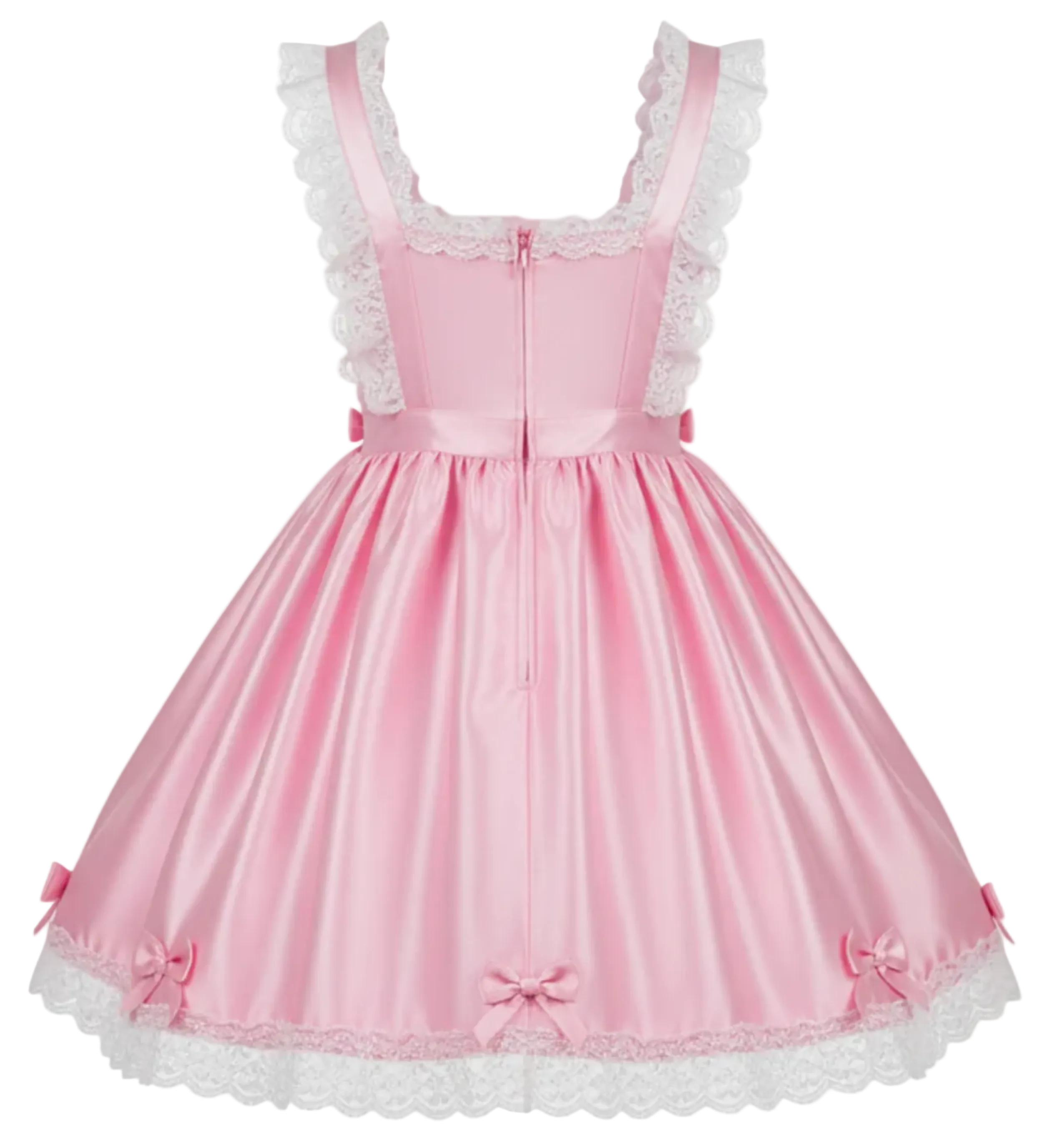 Pink dress with white lace details on a white background