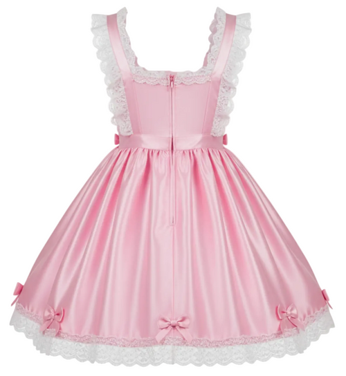 Pink dress with white lace details on a white background