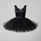 A black sleeveless tutu dress with a nylon tricot bodice, scalloped lace trim, and a full layered tulle skirt, featuring a small pink bow at the neckline, shown against a light gray background