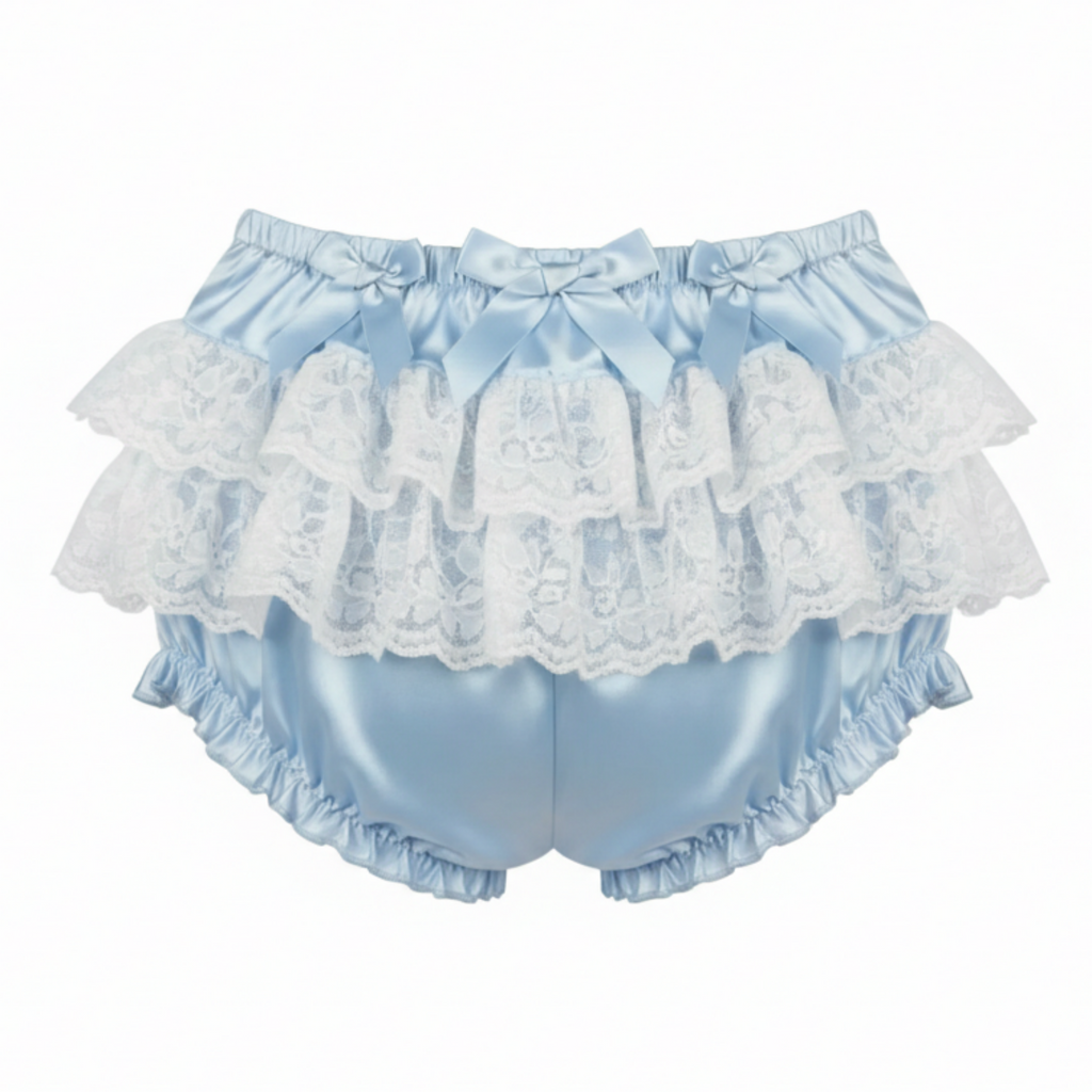 Light blue baby bloomers with white lace and ruffles on a white background
