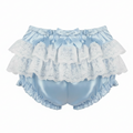 Light blue baby bloomers with white lace and ruffles on a white background